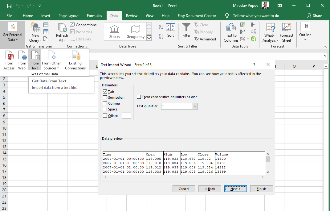 forex data into excel